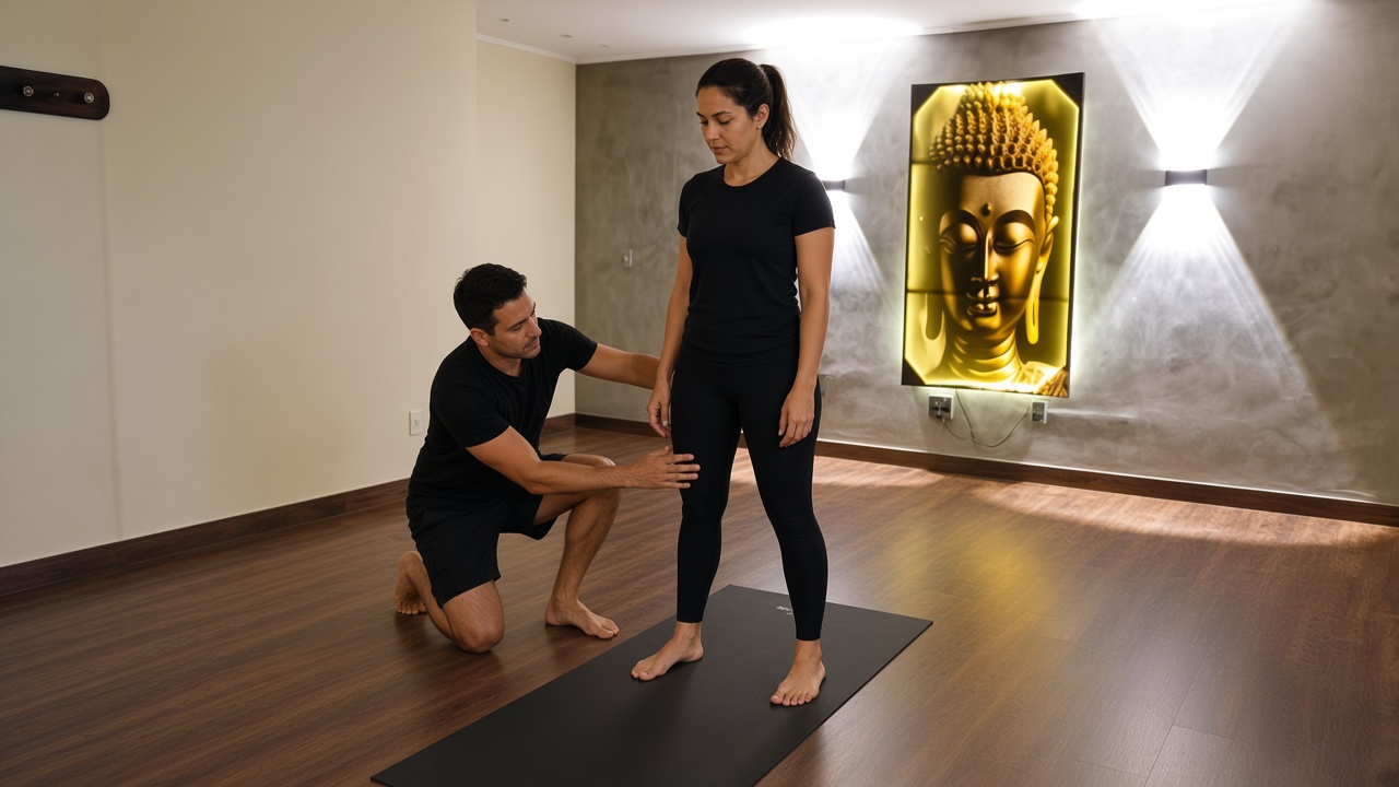 Professor ao lado de uma aluna em pé, ajustando a base de uma postura de yoga