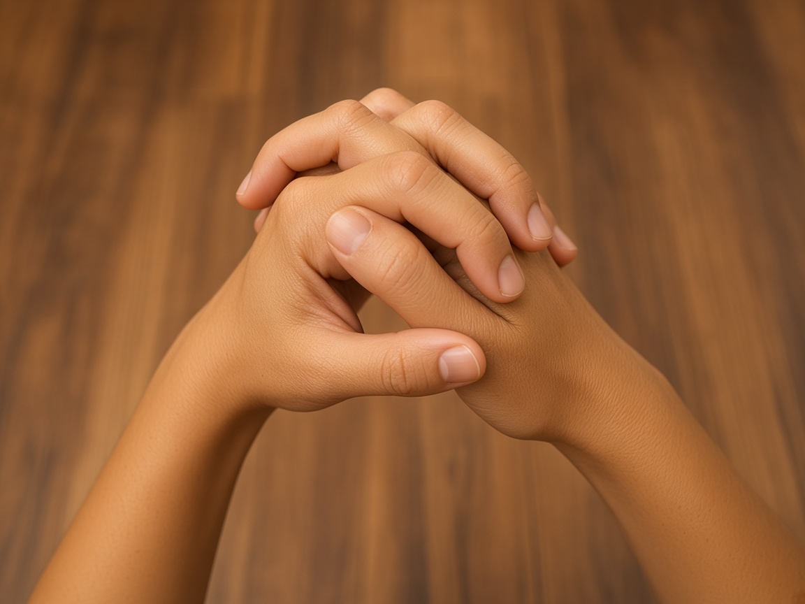 Close das mãos com os dedos enganchados, no gesto do Ganesha Mudra