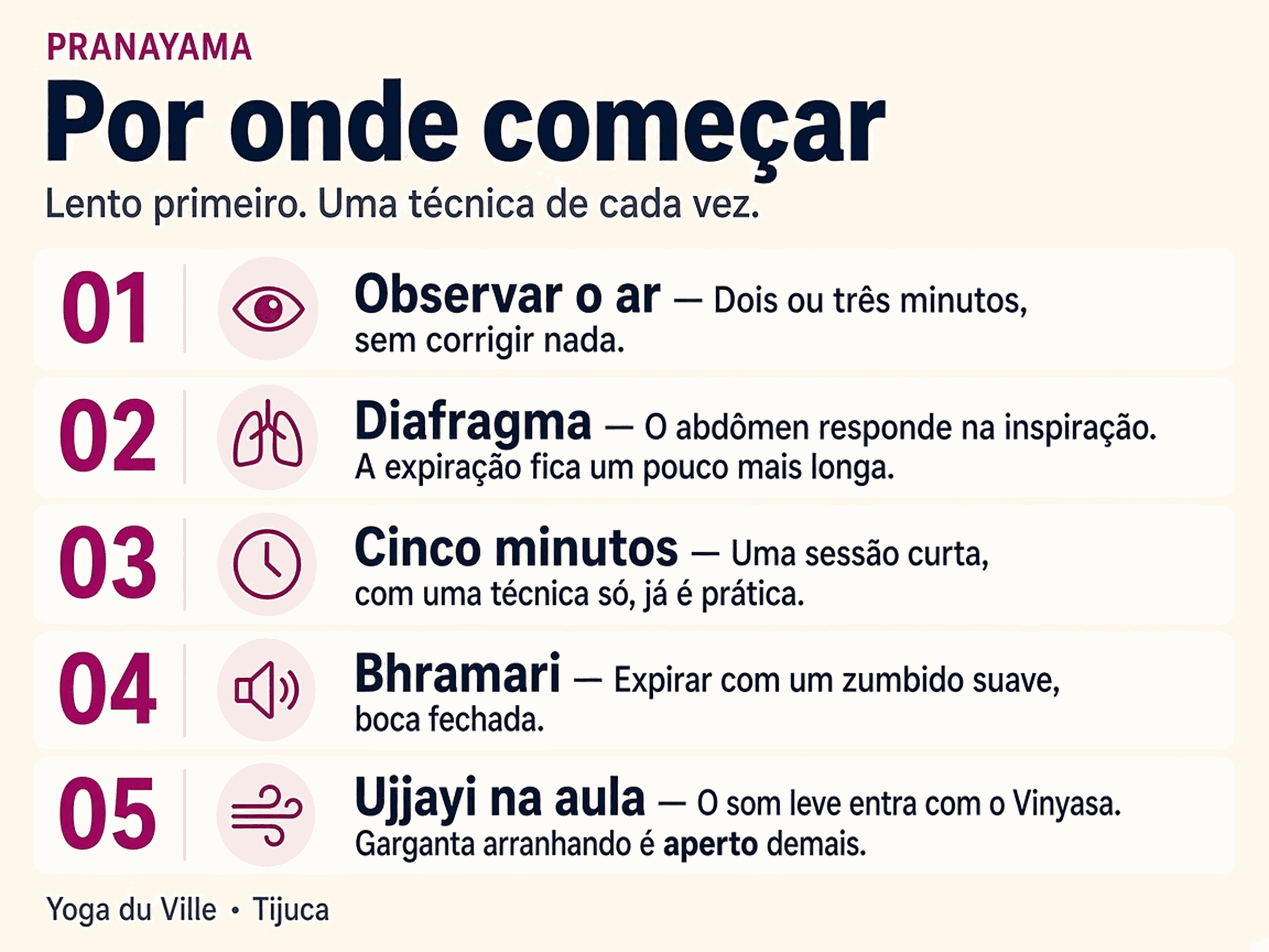 Infográfico: por onde começar o pranayama — observar, diafragma, cinco minutos, bhramari e ujjayi