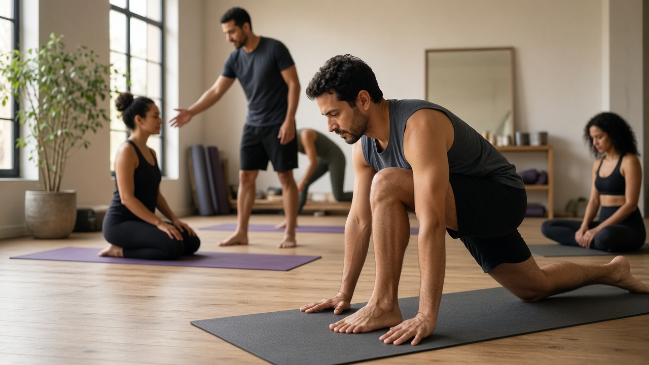 Professor orientando alunos em fluxo de Vinyasa Yoga no estúdio