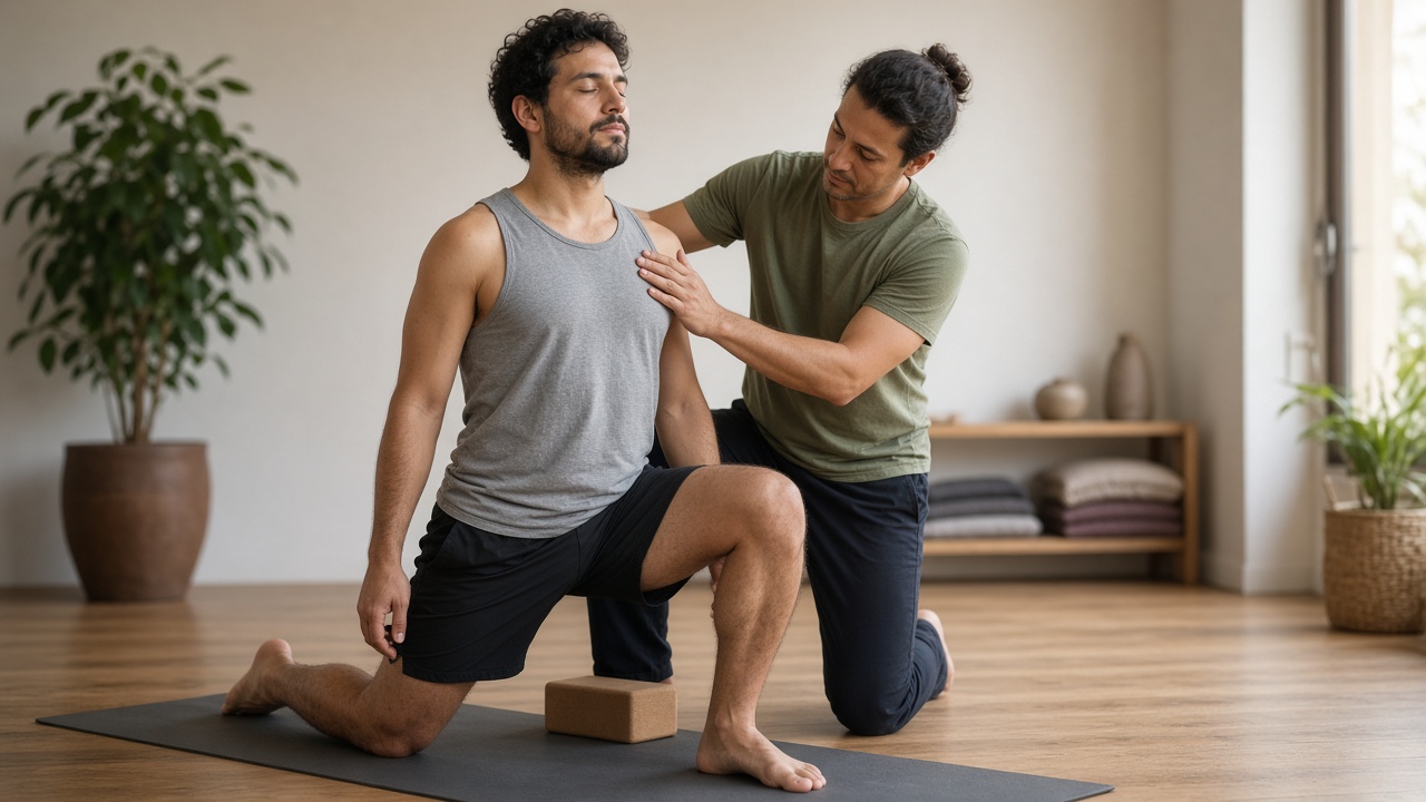 Aluno iniciante em adaptação de Vinyasa Yoga com apoio do professor