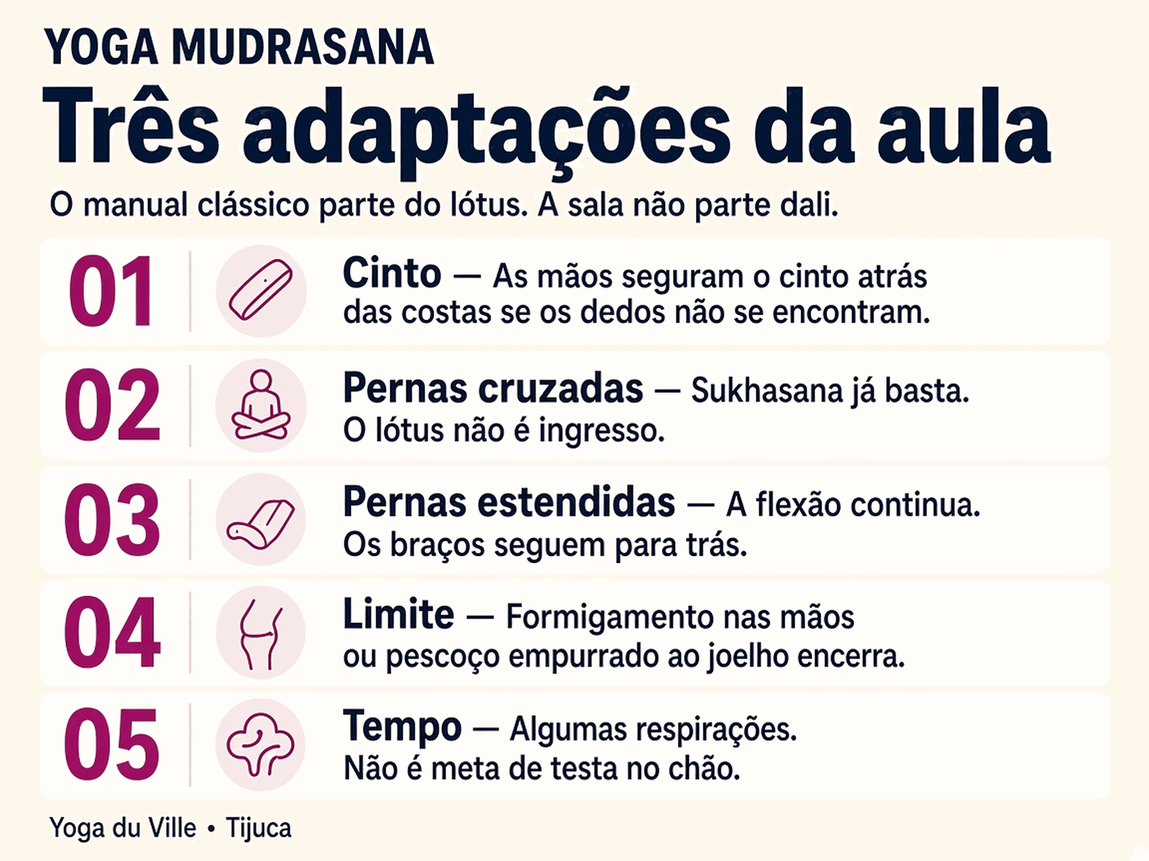 Infográfico: três adaptações da Yoga Mudrasana — cinto, pernas cruzadas e pernas estendidas