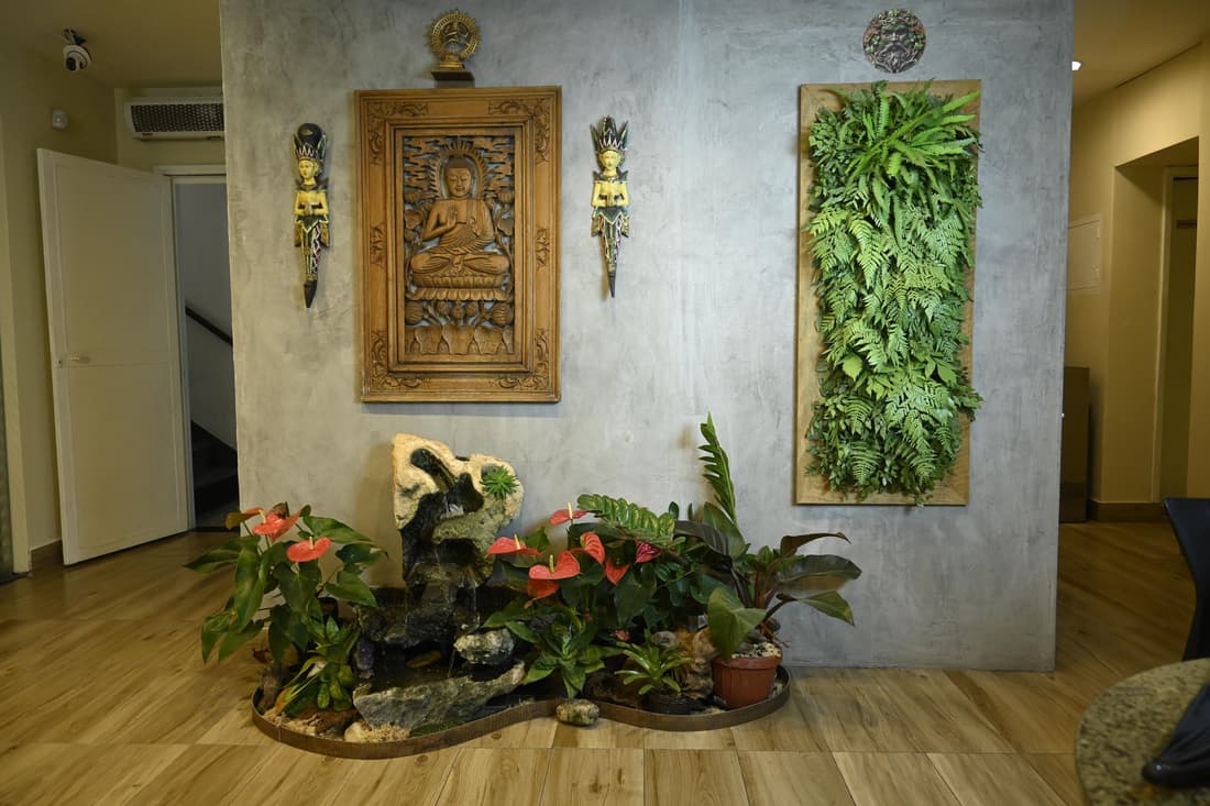 Recepção do Yoga du Ville com jardim vertical, fonte e decoração zen