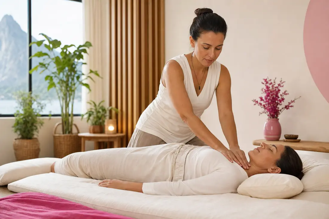 Sessão de shiatsu no Yoga du Ville, Tijuca
